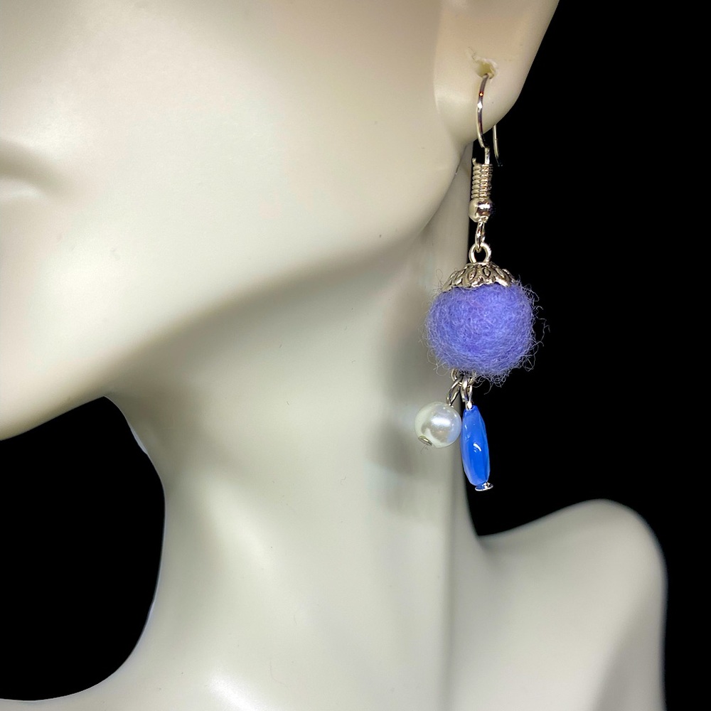 Needle felted blue beaded dangle earrings
